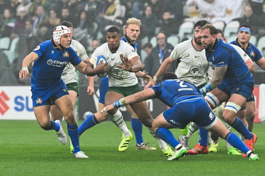 A Springboks a korai piros lap ellenere 32 14 es gyozelmet aratott Olaszorszag felett Torinoban